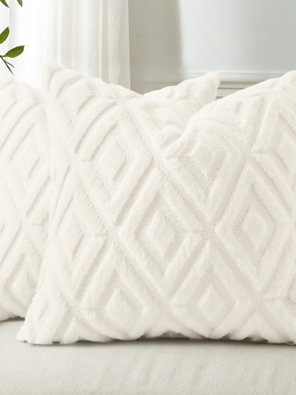 Fall Faux Fur Cream White Throw Pillow Covers 18x18 Set of 2
